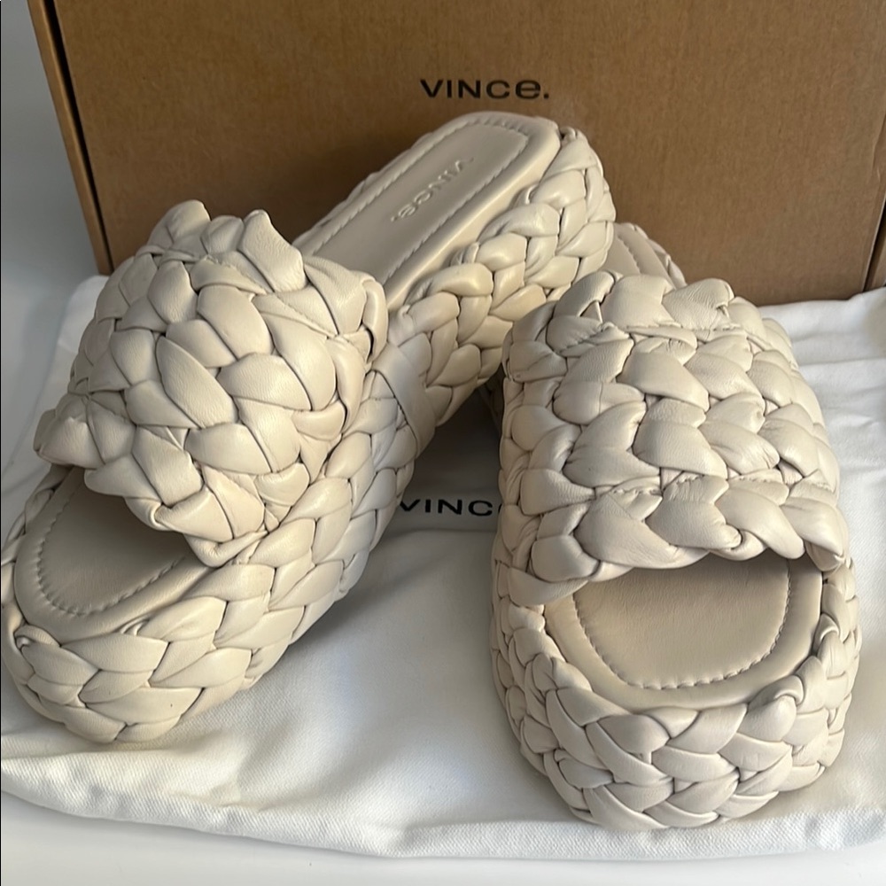 Vince Braided Leather Slides in Cream